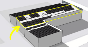 Modélisation 3D de panneaux solaires sur le toit d'un bâtiment avec dimensions précise