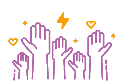 Illustration colorée de mains levées symbolisant la solidarité et le soutien avec des cœurs et des éclairs