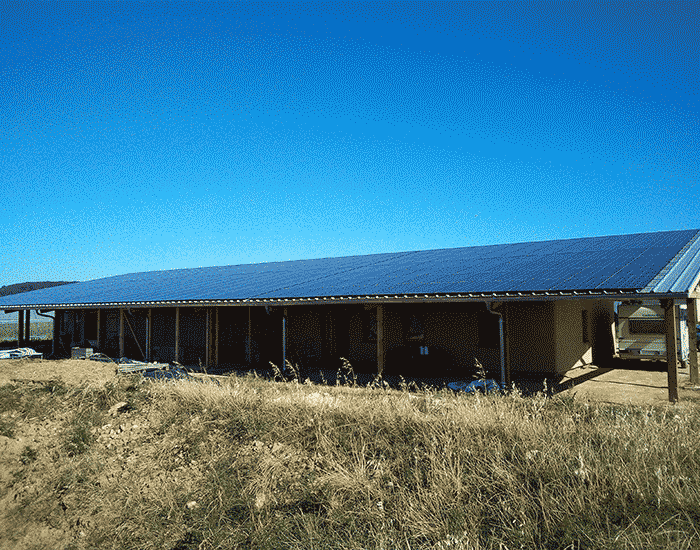 Grange moderne couverte de panneaux solaires dans un champ ensoleillé