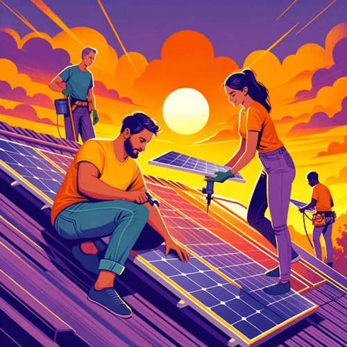 Illustration de citoyens installant des panneaux solaires sur un toit au coucher du soleil